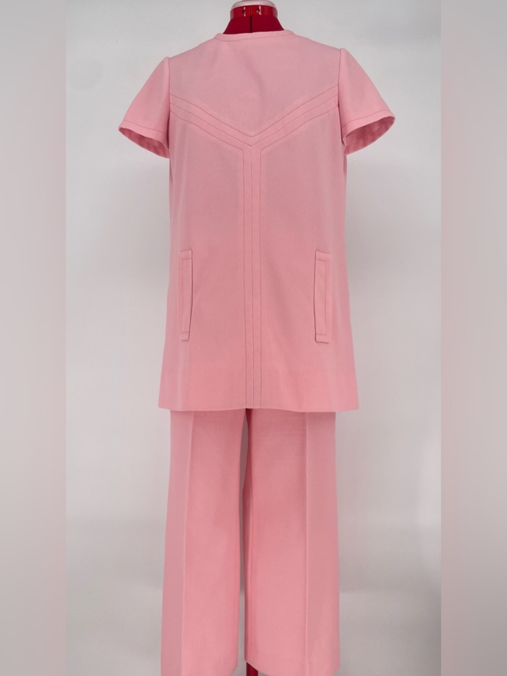 Mod 1960s Bubblegum Pink Topstitched Tunic Top & High Waisted Pants Coord Set